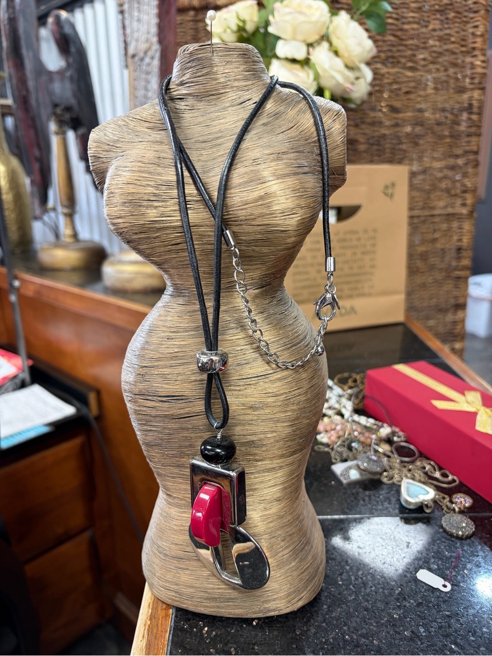 Modern Black Cord Necklace with Red and Silver Pendant